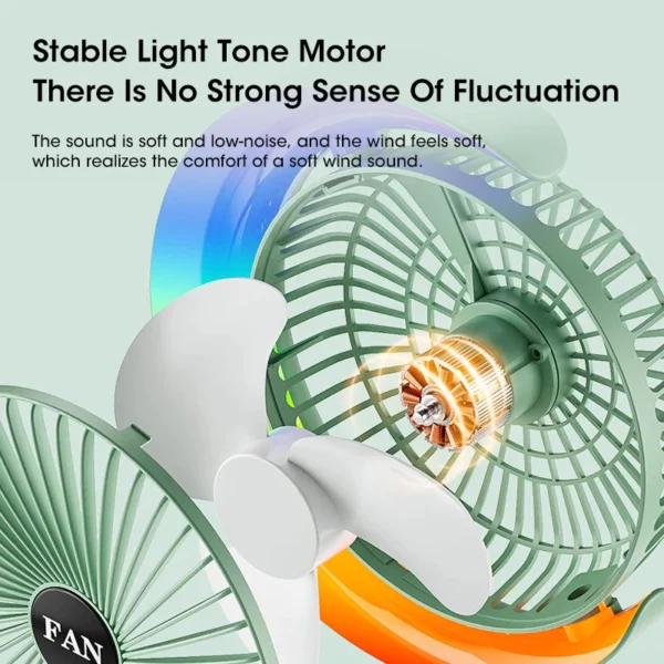 Colorful Light Portable Desktop Fan USB Rechargeable 180 Degree 3Speed Strong Wind Rainbow Longlasting Desk Fan
