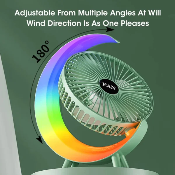 Colorful Light Portable Desktop Fan USB Rechargeable 180 Degree 3Speed Strong Wind Rainbow Longlasting Desk Fan