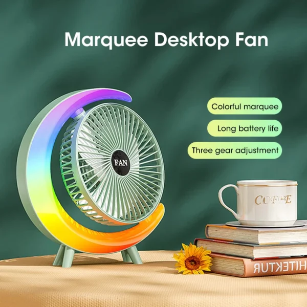 Colorful Light Portable Desktop Fan USB Rechargeable 180 Degree 3Speed Strong Wind Rainbow Longlasting Desk Fan