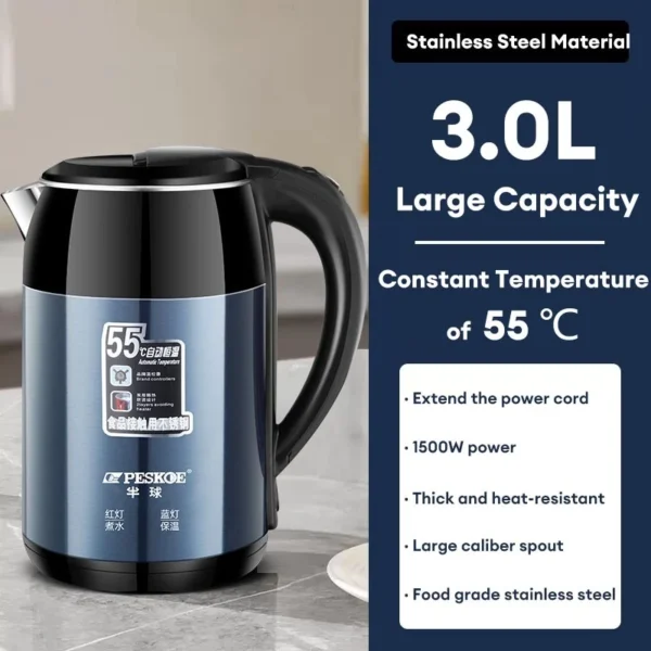 3L Stainless Steel Electric Kettle Auto Fast Boiling Double Layer Insulation Kettle Electric Kettle