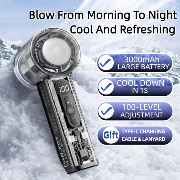 X05 100 Level Handheld Fan Portable Mini Fan Digital Display Rechargeable With Icy Strong Wind Fan